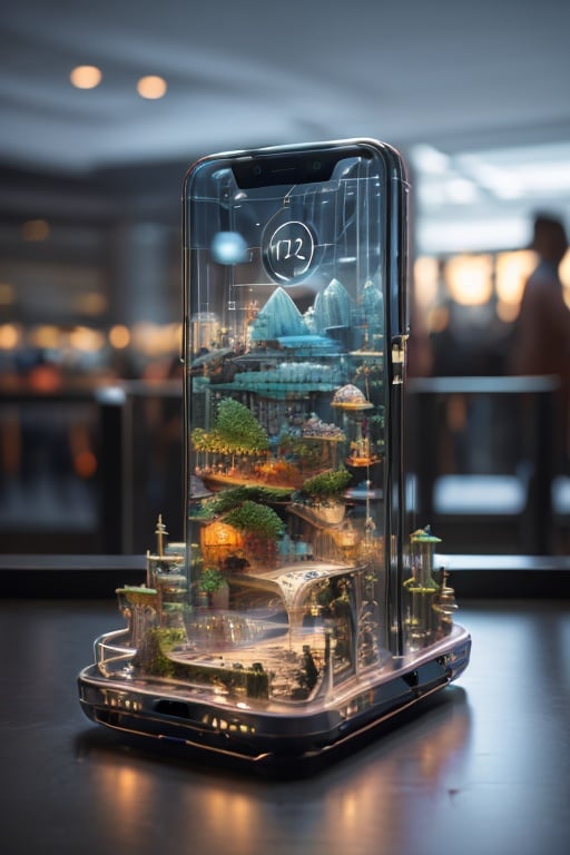 Master's work,of the best quality,a phone from the future,with a transparent shell and cyberpunk circuitry inside. The 3D projection on the screen creates a three-dimensional and beautiful landscape,<lora:mhsj_20230914230500:0.8>,