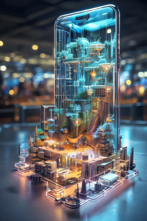 Master's work,of the best quality,a phone from the future,with a transparent shell and cyberpunk circuitry inside.,The 3D projection on the screen creates a three-dimensional and beautiful landscape,<lora:mhsj_20230914230500-000015>,