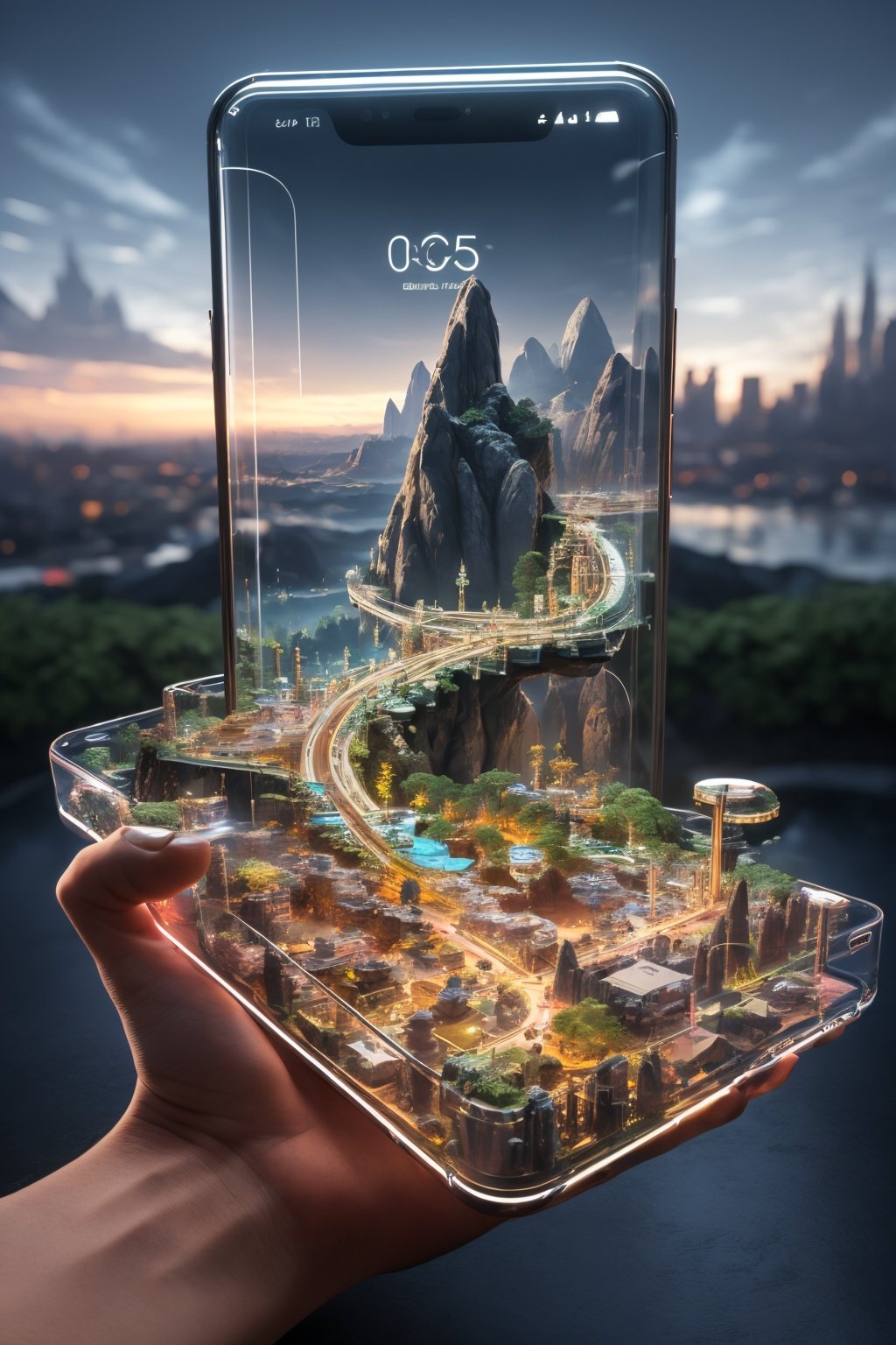 Master's work,of the best quality,a phone from the future,with a transparent shell and cyberpunk circuitry inside.,The 3D projection on the screen creates a three-dimensional and beautiful landscape,<lora:mhsj_20230914230500-000015:0.8>,