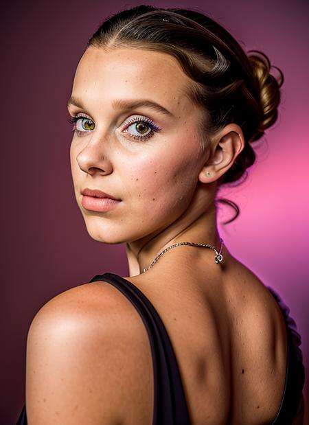 portrait of skswoman, frightened , wearing romper , with Updo , background vatican city epic (photo, studio lighting, hard light, sony a7, 50 mm, matte skin, pores, colors, hyperdetailed, hyperrealistic), <lyco:Millie Bobby Brown:1.1>