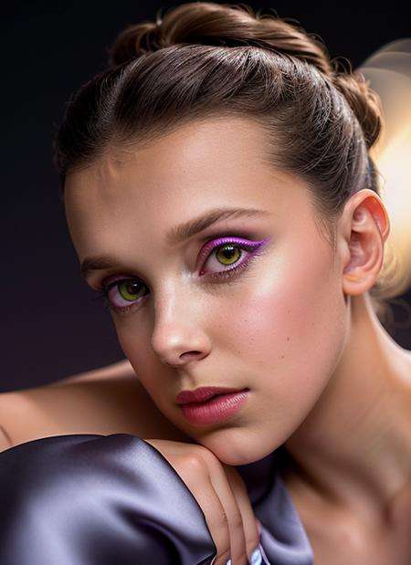 portrait of skswoman, thirsty , wearing satin , with Updo , background night sky epic (photo, studio lighting, hard light, sony a7, 50 mm, matte skin, pores, colors, hyperdetailed, hyperrealistic), <lyco:Millie Bobby Brown:1.2>