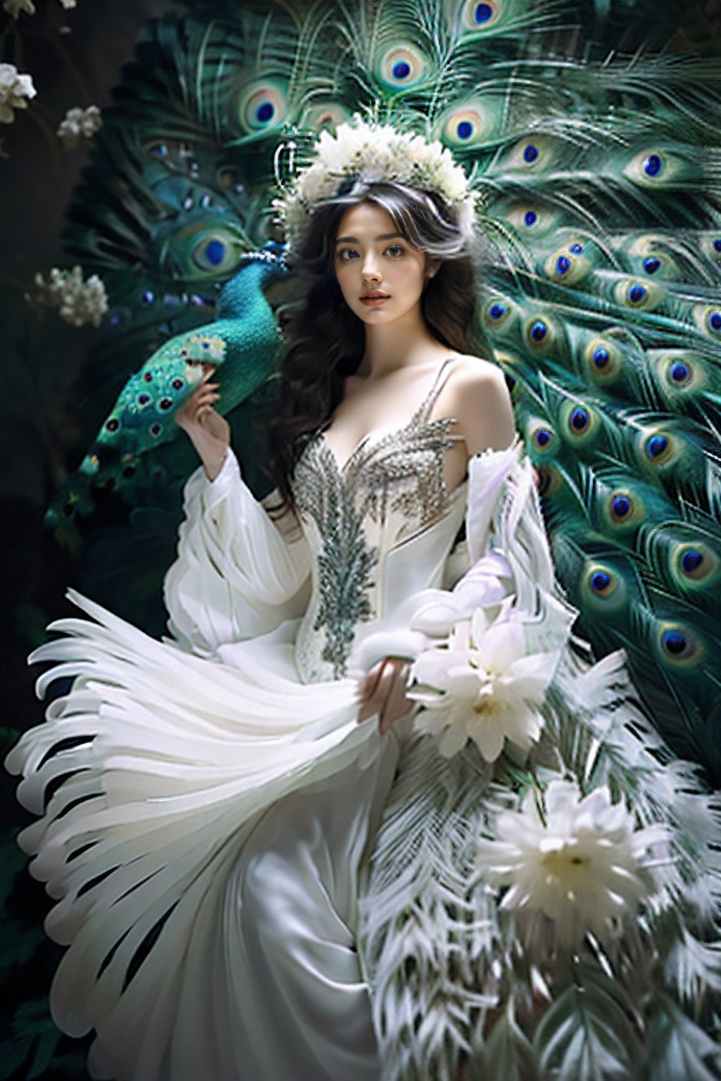 1 girl, huge male peacock, crown, black hair, dress, white long hair, flowers, solo, long hair, white dress, brown hair, bare shoulders, bird, looking at the audience, realistic, white flowers, nails, hands up, feathers 