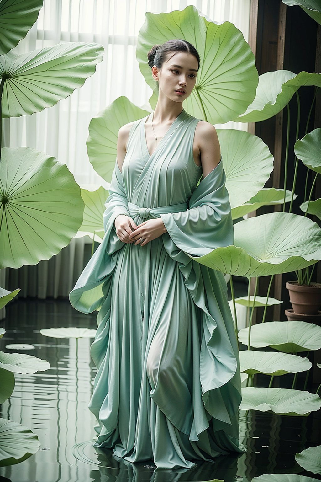 (8k, RAW photo, best quality,masterpiece:1.2),(realistic, photo-realistic:1.37),(green theme:1.2),wlqc buyao,Aerial view, Standing on a lotus leaf, Female, Graceful, Natural, Hanfu fashion, Long legs, Serene, Soft, Water surface, Natural, Frontal shot, Cinematic lighting effects, Clear facial features,Crossed hands, clear fingers