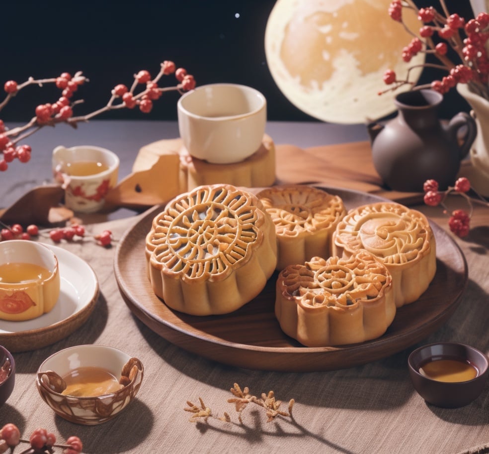 Great depth of field, Mid-Autumn Festival background,Vase,flower,table,blue and white porcelain,yuebing,<lora:yuebing:0.8>,moon cake,PRODUCT PHOTOGRAPHY,photography,high quality,masterpiece,best quality,8K,HDR,highres,vibrant color,detailed texturesmall depth of field,photorealistic,Ray Tracing,Movie Lighting