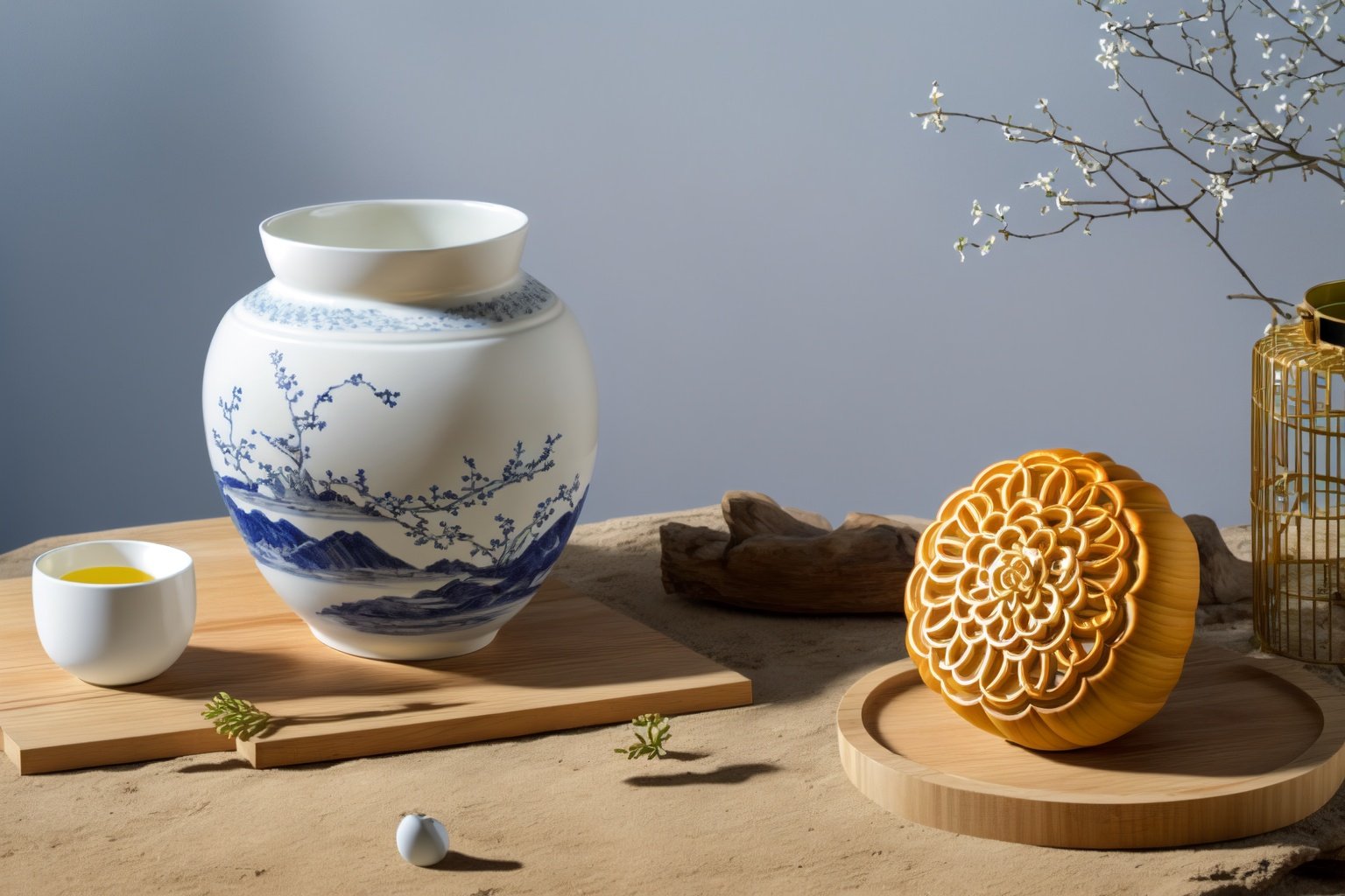 Vase, flower, table, blue and white porcelain,yuebing,<lora:yuebing:0.8>,moon cake,PRODUCT PHOTOGRAPHY,photography,high quality,masterpiece,best quality,8K,HDR,highres,vibrant color,detailed texturesmall depth of field,photorealistic