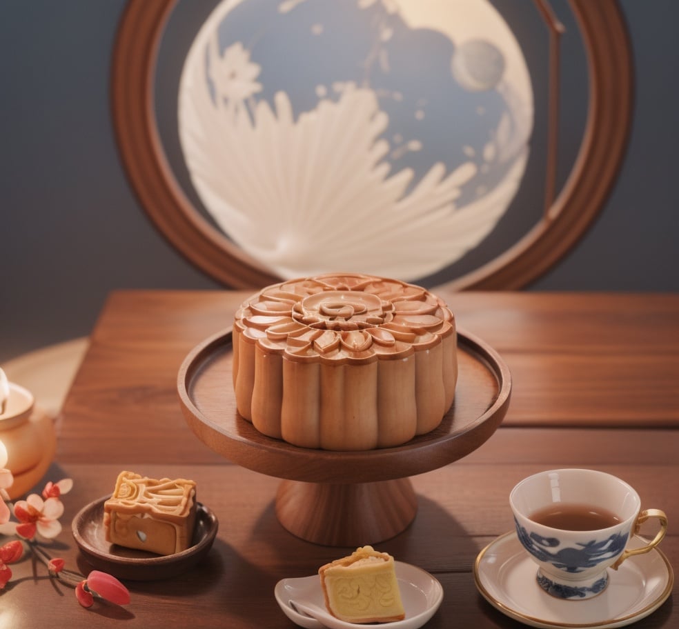 Great depth of field, Mid-Autumn Festival background,Vase,flower,table,blue and white porcelain,yuebing,<lora:yuebing:0.8>,moon cake,PRODUCT PHOTOGRAPHY,photography,high quality,masterpiece,best quality,8K,HDR,highres,vibrant color,detailed texturesmall depth of field,photorealistic,Ray Tracing,Movie Lighting