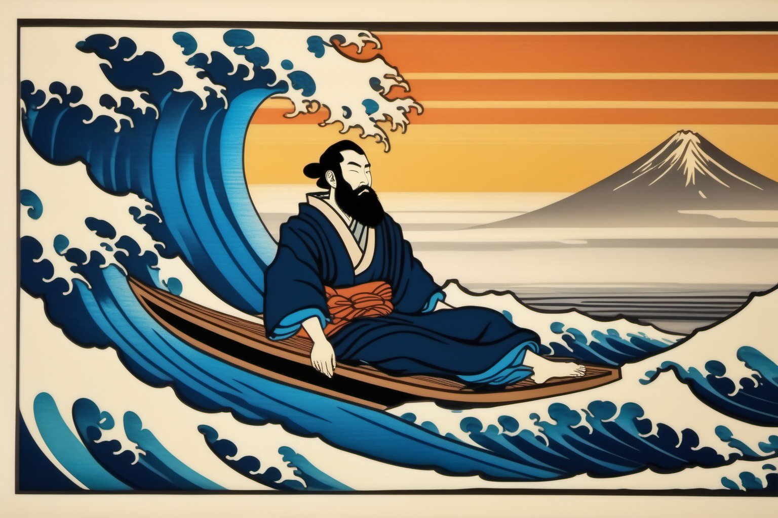 bearded man surfing woodblock print style of hokusai fine art style of kanagawa painting /relax