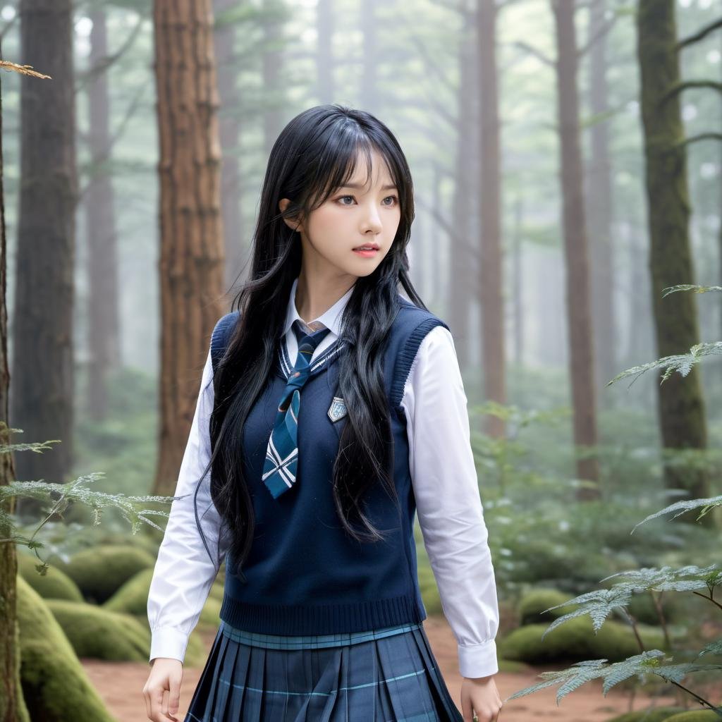 highres,best quality,photo of krnpp, long black hair<lora:karina_sdxl_v3-000039:1>, school uniform, detailed, intricate, 8k, she is  fighting a giant monster in the forest