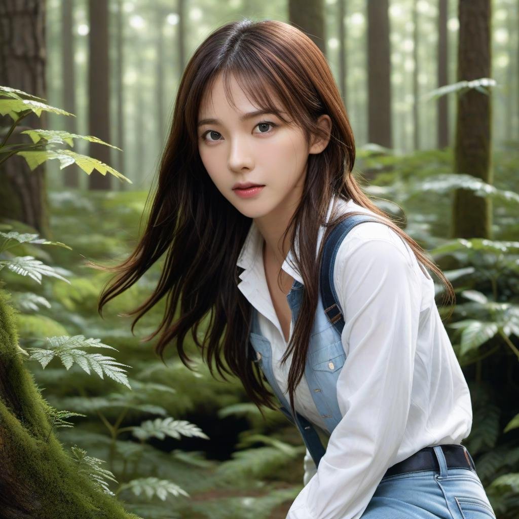 highres,best quality,photo of krnpp wearing white shirt and jeans, long brown hair, and she is escaping from (a giant orge: 1.7) with magic power in the forest<lora:karina_sdxl_v3-000039:1> detailed, intricate, 8k, from side, 