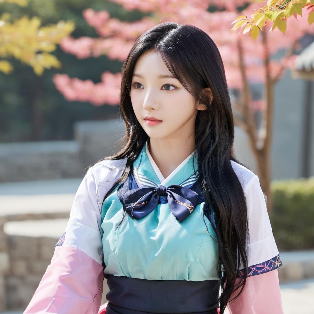 highres,best quality,photo,upper body of krnpp, long black hair<lora:karina_sdxl_v3-000039:1>, Hanbok