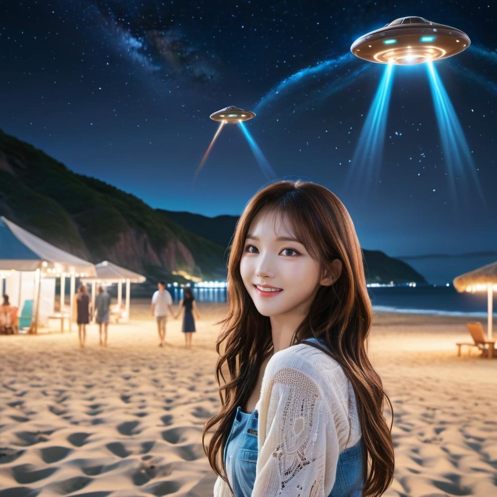 highres,best quality,headshot of krnpp , long brown hair, an alien making friends with krnpp,  ufo in the background, night, a beach, smile <lora:karina_sdxl_v3-000039:1> detailed, intricate, 8k,