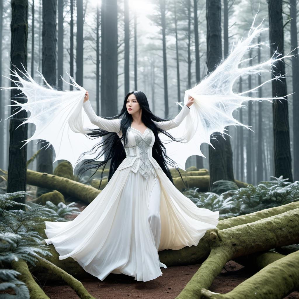 highres,best quality,photo of krnpp, long black hair, and she is  attacking (a giant orge: 1.3) in the forest<lora:karina_sdxl_v3-000039:1>,  krnpp dressing as a white witch, detailed, intricate, 8k, from side, 