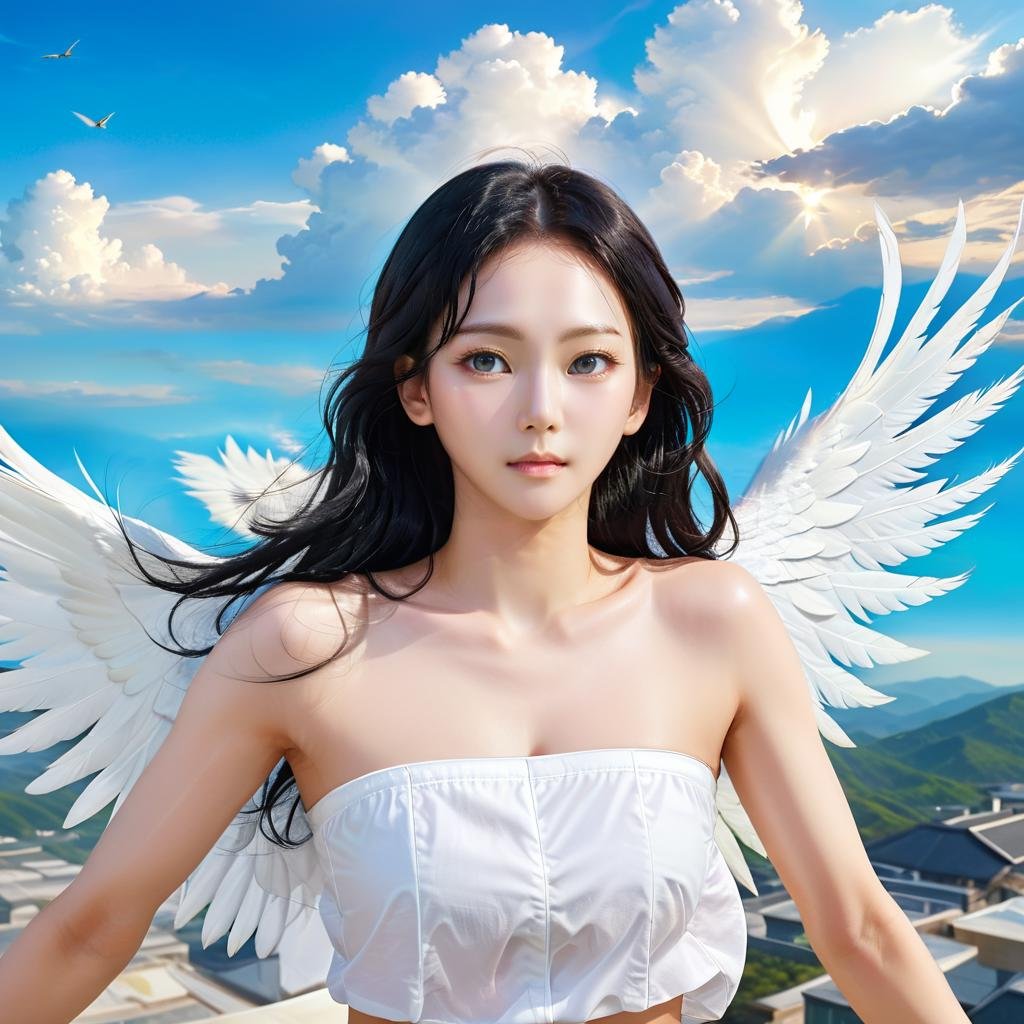 upper body of krnpp, black hair<lora:karina_sdxl_v3-000039:1>, looking at viewer, natural skin, skin texture,krnpp has giant white wings, flying in sky, realistic