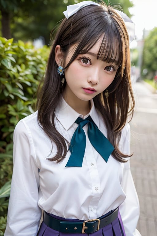 masutepiece, Best Quality, {Best Quality}, {{masutepiece}}, {hight resolution}, Illustration, 1girl in, Inoue Takina, Long hair, Bangs, Black hair, (Purple eyes:1.2), blush, Shirt, Long sleeves, Dress, bow ribbon, School uniform, White shirt, Collared shirt, Belt bag, Neck ribbon, Blue Dress, Green Ribbon, pleated dress, grey dress, two-tone dress, Blue belt, Lycoris Uniform, Looking at Viewer