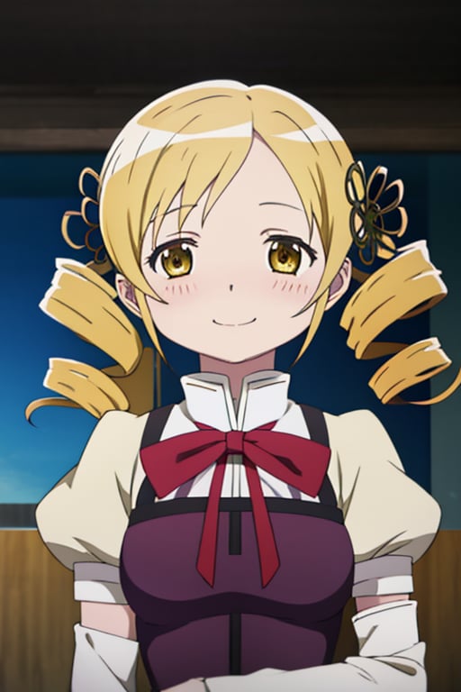 best quality, masterpiece, highres, solo, (tomoe_mami_puellamagimadokamagica:1.15), blonde_hair, drill_hair, twin_drills, twintails, hair_ornament, yellow_eyes, magical_girl, 1girl, school_uniform, anime_coloring, blush, mitakihara_school_uniform, official_style, smile, parody