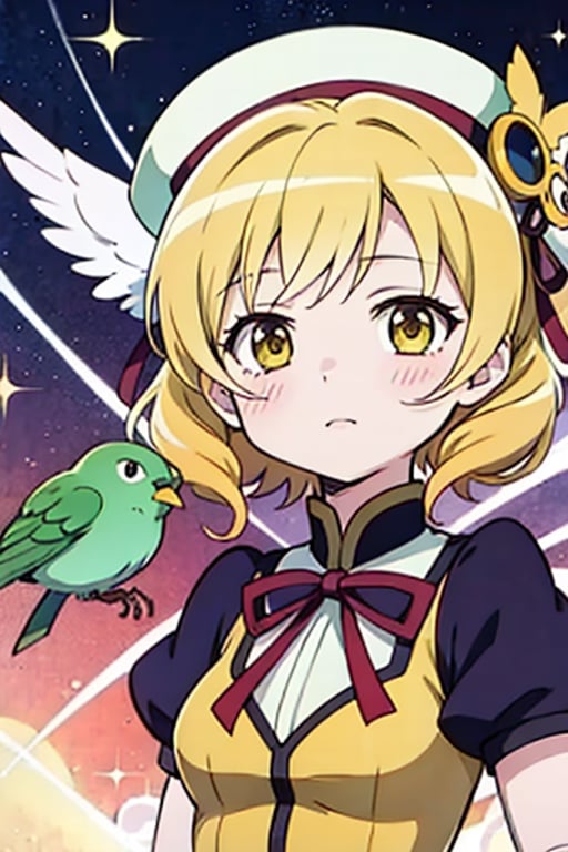 a woman in a yellow dress and a hat with a bird on her head, symphogear, anime girl named lucy, anime visual of a cute girl, rei hiroe, magical girl anime mahou shojo, yami kawaii, best anime character design, daytime ethereal anime, yellow radiant magic, aya takano color style, anime best girl, portrait of magical girl