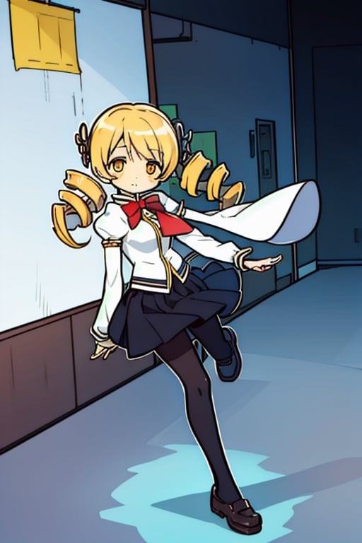 mamitomoe, , mami tomoe, blonde hair, drill hair, twin drills, (yellow eyes:1.3),
BREAK black pantyhose, black skirt, bowtie, juliet sleeves, long sleeves, mary janes, mitakihara school uniform, pantyhose, pleated skirt, puffy sleeves, red bow, school uniform, shadow, shoes, skirt, white footwear,
BREAK classroom,
BREAK looking at viewer,
BREAK , (masterpiece:1.2), best quality, high resolution, unity 8k wallpaper, (illustration:0.8), (beautiful detailed eyes:1.6), extremely detailed face, perfect lighting, extremely detailed CG, (perfect hands, perfect anatomy),
