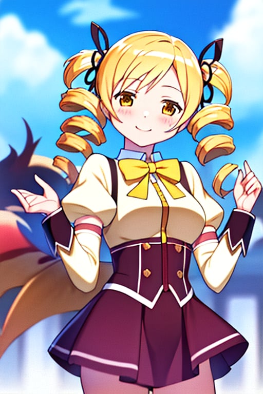 best quality, masterpiece, highres, solo, (tomoe_mami_puellamagimadokamagica:1.15), blonde_hair, drill_hair, twin_drills, twintails, hair_ornament, yellow_eyes, magical_girl, 1girl, school_uniform, anime_coloring, blush, mitakihara_school_uniform, official_style, smile, parody