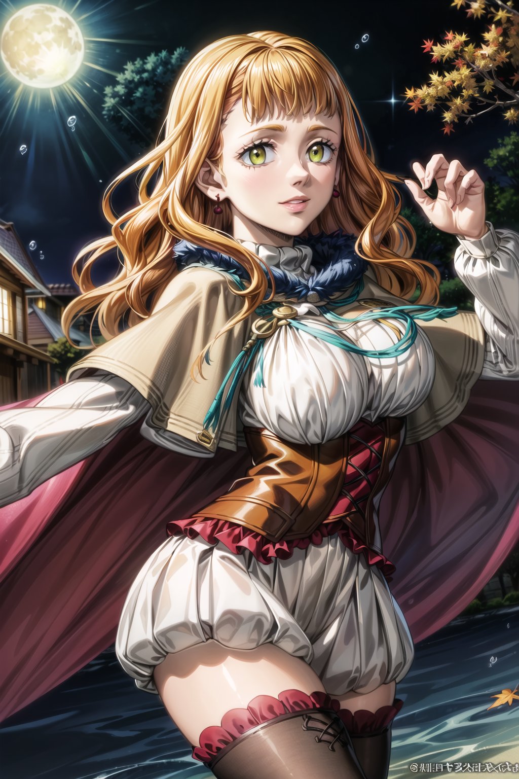 ((best quality)),  ((highly detailed)),  masterpiece,  ((official art)),  detailed face,  beautiful face,  (detailed eyes,  deep eyes),  mimosa vermillion, orange hair,  seductive smile,  lips,  red cape,  capelet,  turtleneck sweater,  corset,  thighhighs,  earrings,  tree,  sunset,  autumn,  autumn leaves,  ((under water:1.3)),  night,  moon,  (dancing:1.2),  volumetric lighting,  best quality,  masterpiece,  intricate details,  tonemapping,  sharp focus,  hyper detailed,  trending on Artstation, <lora:EMS-1495-EMS:0.700000>, , <lora:EMS-179-EMS:0.300000>, , <lora:EMS-41017-EMS:0.900000>