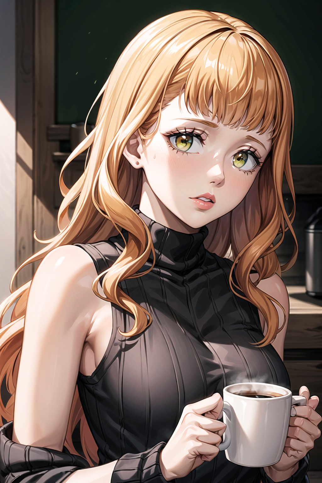 ((best quality)),  ((highly detailed)),  masterpiece,  ((official art)), mimosa vermillion,  orange hair,  solo,  sleeveless,  breasts,  ribbed sweater,  (black sweater:1.2),  cup,  turtleneck,  white background,  simple background,  bare shoulders,  parted lips,  sleeveless sweater,  holding,  sweater,  coffee cup,  mug,  disposable cup,  looking at viewer,  medium breasts,  upper body,  lipstick,  coffee mug,  ribbed shirt,  makeup,  intricately detailed,  hyperdetailed,  blurry background, depth of field,  best quality,  masterpiece,  intricate details,  tonemapping,  sharp focus,  hyper detailed,  trending on Artstation, 1 girl,  high res,  official art, <lora:EMS-1495-EMS:0.400000>, , <lora:EMS-41017-EMS:0.600000>