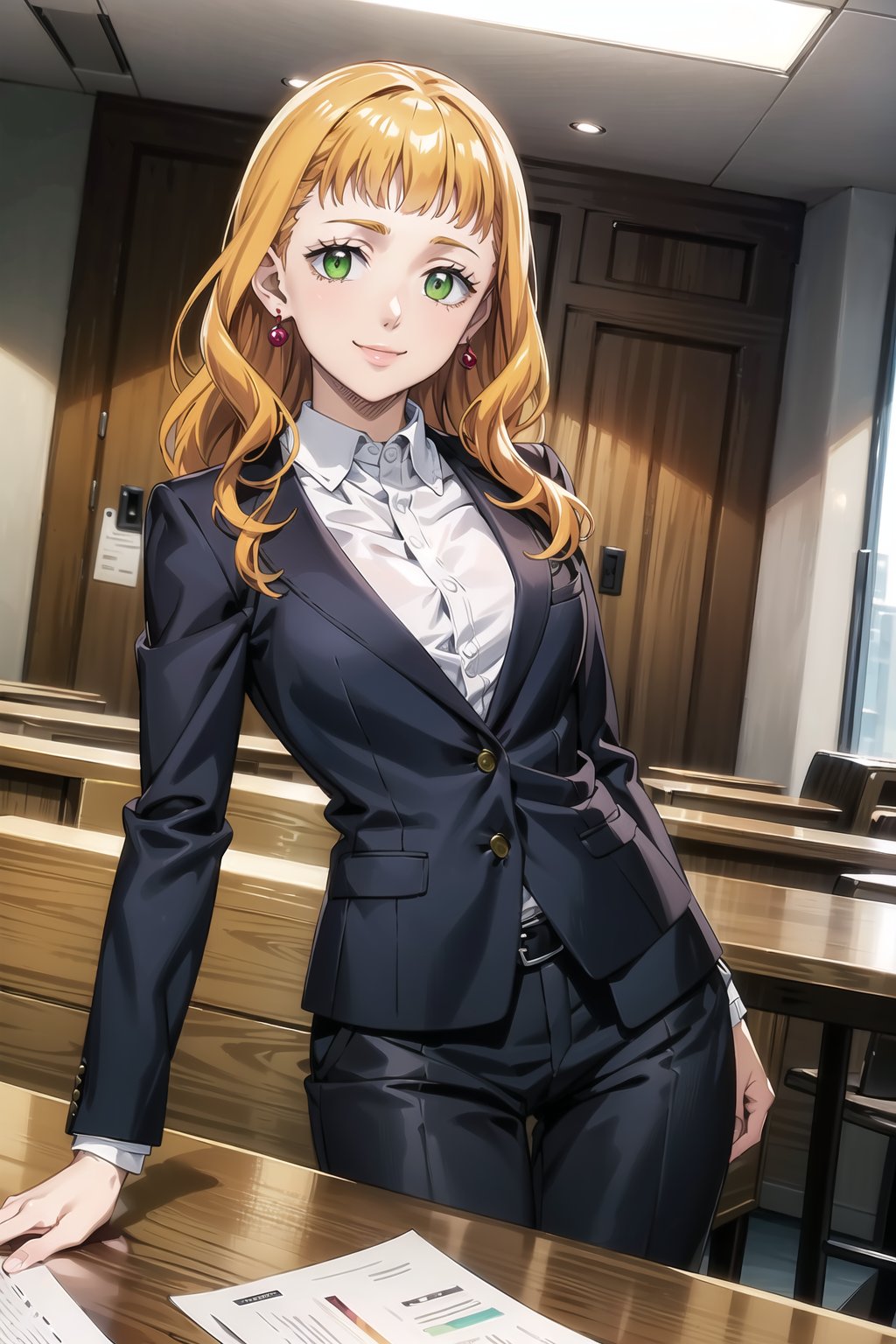(best quality),  (highly detailed),  masterpiece,  (official art),  mimosa vermillion,  orange hair,  green eyes,  red earrings,  smile,  black jacket, black suit,  open ajcket,  long sleeves,  shirt tucked in, looking at viewer,  shirt,  white shirt,  medium breasts, window,  formal,  office lady, pants,  black pants,  black belt,  business suit,  suit,  (intricately detailed,  hyperdetailed),  blurry background, depth of field,  best quality,  masterpiece,  intricate details,  tonemapping,  sharp focus,  hyper detailed,  trending on Artstation, 1 girl,  solo, high res, official art, <lora:EMS-1495-EMS:0.300000>, , <lora:EMS-41017-EMS:0.600000>