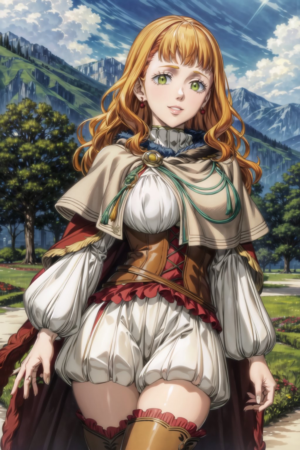 ((best quality)), ((highly detailed)), masterpiece, ((official art)),mimosa vermillion, orange hair, green eyes, (seductive psoe:1.2),capelet, red cape, turtleneck sweater, corset, thighhighs,thigh boots, red earrings, seductive smile, lips, tree, plant, vegetacion, sky, day, cloud, light smile, scenery, outdoors, intricately detailed, hyperdetailed, blurry background,depth of field, best quality, masterpiece, intricate details, tonemapping, sharp focus, hyper detailed, trending on Artstation,1 girl, high res, official art