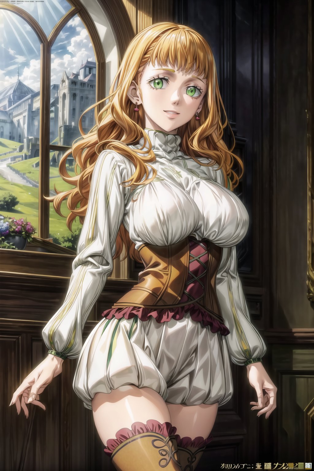 ((best quality)), ((highly detailed)), masterpiece, ((official art)),mimosa vermillion,orange hair, (green eyes, glowing green eyes), turtleneck sweater, corset, thighhighs,thigh boots, earrings, smile, looking at viewer, window, light smile, scenery, intricately detailed, hyperdetailed, blurry background,depth of field, best quality, masterpiece, intricate details, tonemapping, sharp focus, hyper detailed, trending on Artstation,1 girl, high res, official art