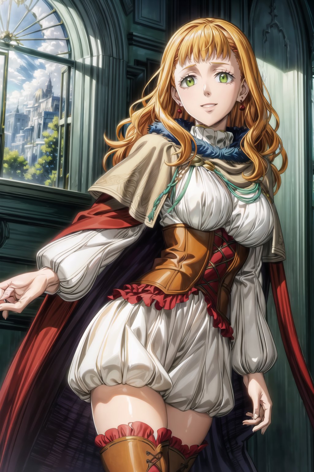 ((best quality)), ((highly detailed)), masterpiece, ((official art)),mimosa vermillion, orange hair, green eyes, capelet, red cape, turtleneck sweater, corset, thighhighs,thigh boots, earrings, smile, looking at viewer, window, sky, day, cloud, light smile, scenery, intricately detailed, hyperdetailed, blurry background,depth of field, best quality, masterpiece, intricate details, tonemapping, sharp focus, hyper detailed, trending on Artstation,1 girl, high res, official art