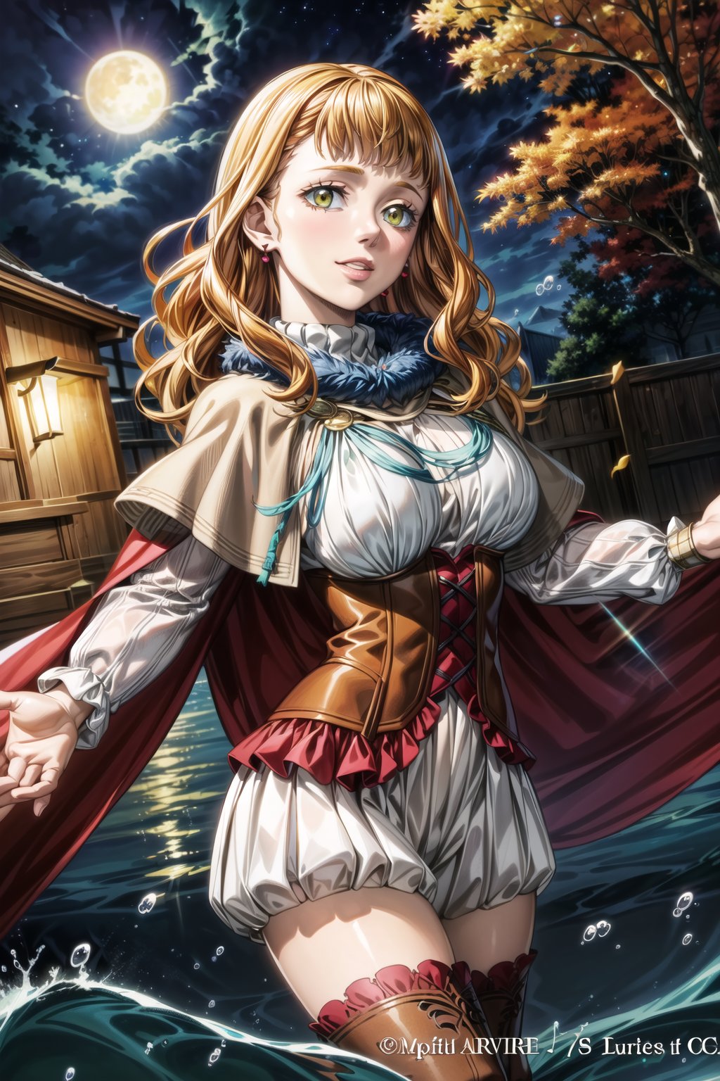 ((best quality)),  ((highly detailed)),  masterpiece,  ((official art)),  detailed face,  beautiful face,  (detailed eyes,  deep eyes),  mimosa vermillion, orange hair,  seductive smile,  lips,  red cape,  capelet,  turtleneck sweater,  corset,  thighhighs,  earrings,  tree,  sunset,  autumn,  autumn leaves,  ((under water:1.3)),  night,  moon,  (dancing:1.2),  volumetric lighting,  best quality,  masterpiece,  intricate details,  tonemapping,  sharp focus,  hyper detailed,  trending on Artstation, <lora:EMS-1495-EMS:0.800000>, , <lora:EMS-179-EMS:0.400000>, , <lora:EMS-41017-EMS:0.800000>