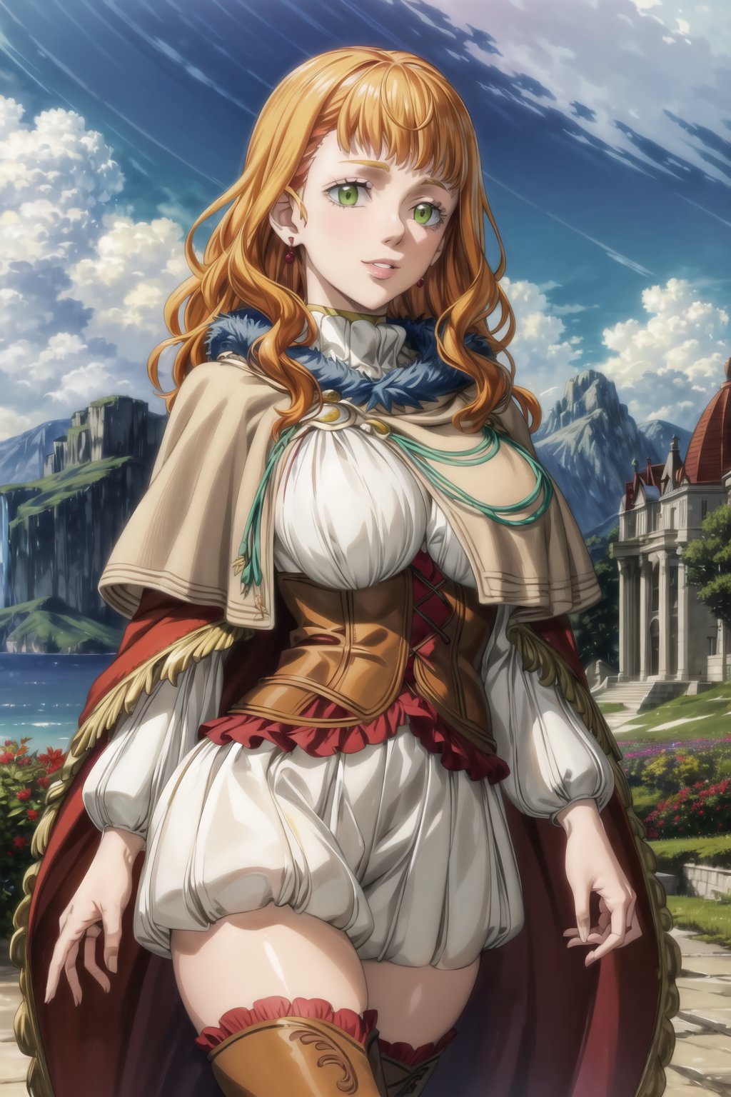 ((best quality)), ((highly detailed)), masterpiece, ((official art)),mimosa vermillion, orange hair, green eyes,  red earrings, seductive smile, (lips),  (seductive psoe:1.2), leaning_forward, hand_on_lips , capelet, red cape, turtleneck sweater, corset, thighhighs,thigh boots,tree, plant, vegetacion, sky, day, cloud, scenery, outdoors, intricately detailed, hyperdetailed, blurry background,depth of field, best quality, masterpiece, intricate details, tonemapping, sharp focus, hyper detailed, trending on Artstation,1 girl, high res, official art
