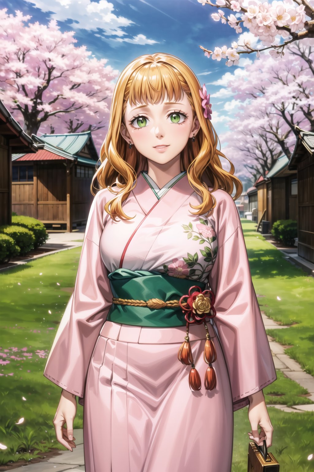 ((best quality)),  ((highly detailed)),  masterpiece,  ((official art)),  detailed face,  beautiful face,  (detailed eyes,  deep eyes),  cowboy shot, mimosa vermillion,  orange hair,  green eyes,  wavy hair, ,  pink kimono,  front viewer,  (hair flower),  friendly smile,  standing on old japanese town,  cherry blossoms,  day,  sunlight,  scenary,  volumetric lighting,  best quality,  masterpiece,  intricate details,  tonemapping,  sharp focus,  hyper detailed,  trending on Artstation, <lora:EMS-1495-EMS:0.800000>, , <lora:EMS-41017-EMS:0.600000>