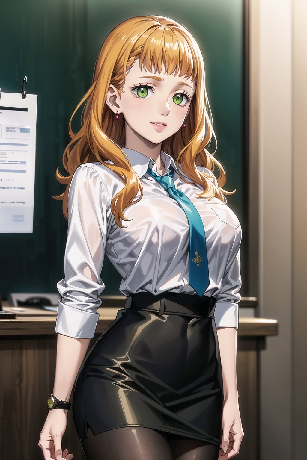 ((best quality)),  ((highly detailed)),  masterpiece,  ((official art)), (mimosa vermillion,  orange hair,  green eyes), (office), (high-waist skirt:1.2), (black skirt:1.2), (black necktie:1.1), (seductive smile), (closed mouth), (lips:1.2), jewelry,  wristwatch,  skirt,  solo,  (cowboy shot:1.2), standing,  pencil skirt,  belt,  (earrings:1.1),  collared shirt,  (office lady), (white shirt:1.2), (formal:1.1),  shirt tucked in,  (skirt suit), black pantyhose,  dress shirt,  intricately detailed,  hyperdetailed,  blurry background, depth of field,  best quality,  masterpiece,  intricate details,  tonemapping,  sharp focus,  hyper detailed,  trending on Artstation, 1 girl,  high res,  official art, <lora:EMS-1495-EMS:0.400000>, , <lora:EMS-41017-EMS:0.600000>