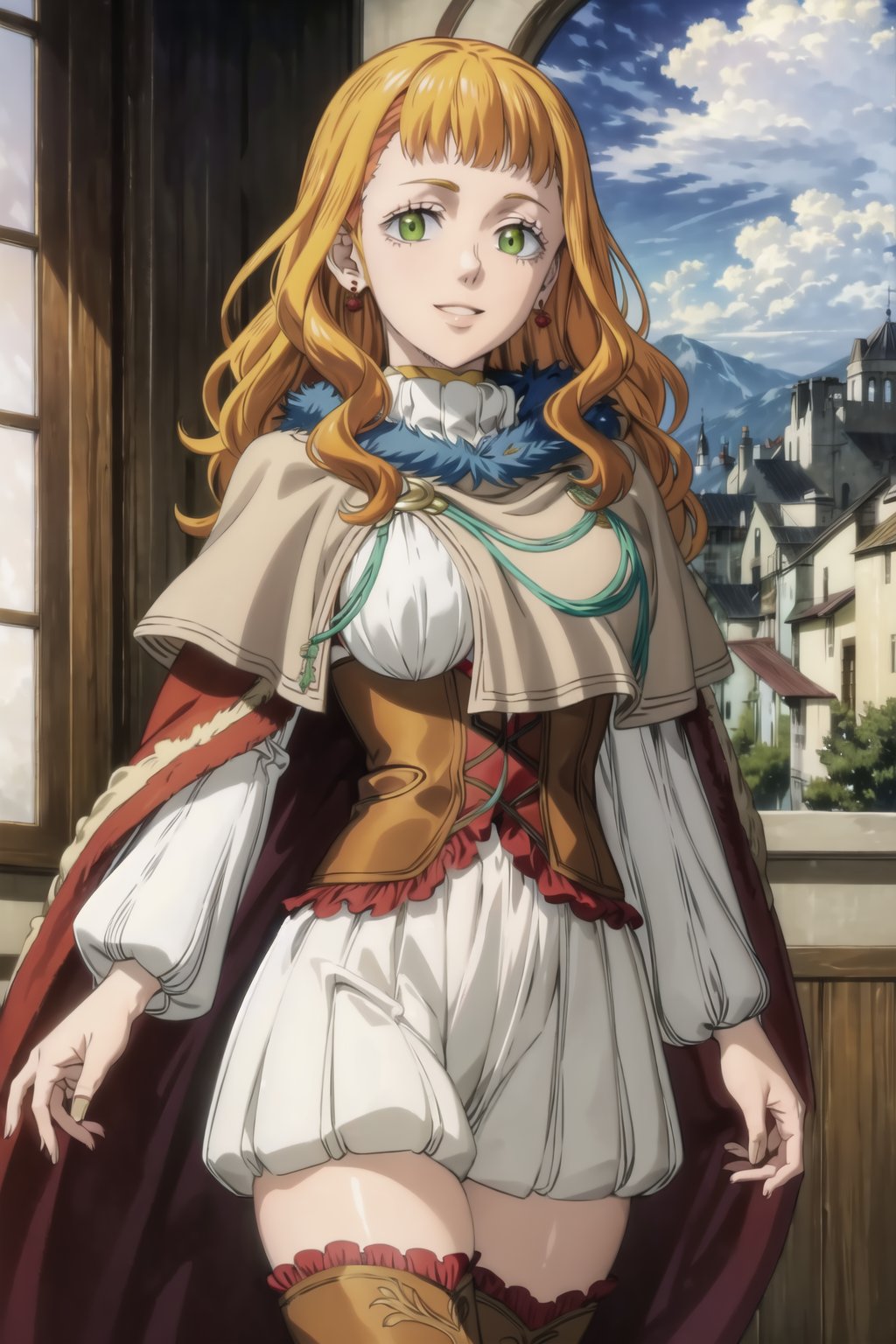 ((best quality)), ((highly detailed)), masterpiece, ((official art)),mimosa vermillion, orange hair, green eyes, capelet, red cape, turtleneck sweater, corset, thighhighs,thigh boots, earrings, smile, looking at viewer, window, sky, day, cloud, light smile, scenery, intricately detailed, hyperdetailed, blurry background,depth of field, best quality, masterpiece, intricate details, tonemapping, sharp focus, hyper detailed, trending on Artstation,1 girl, high res, official art