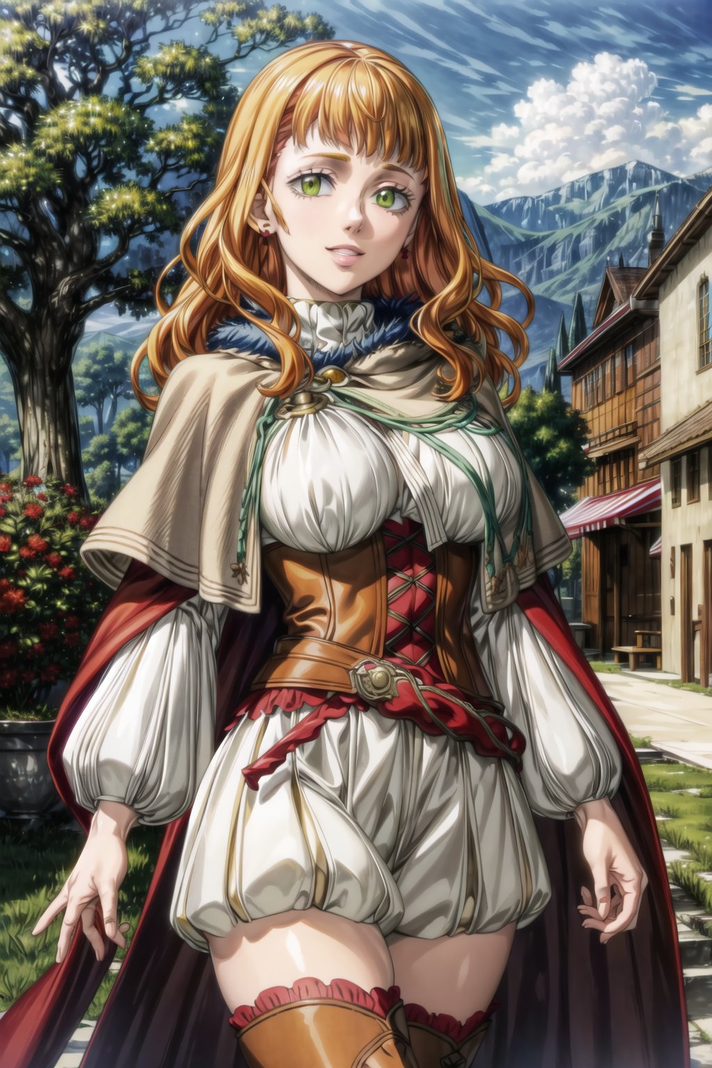 ((best quality)), ((highly detailed)), masterpiece, ((official art)),mimosa vermillion, orange hair, green eyes, (seductive psoe:1.2),capelet, red cape, turtleneck sweater, corset, thighhighs,thigh boots, red earrings, seductive smile, lips, tree, plant, on back, vegetacion, sky, day, cloud, light smile, scenery, outdoors, intricately detailed, hyperdetailed, blurry background,depth of field, best quality, masterpiece, intricate details, tonemapping, sharp focus, hyper detailed, trending on Artstation,1 girl, high res, official art