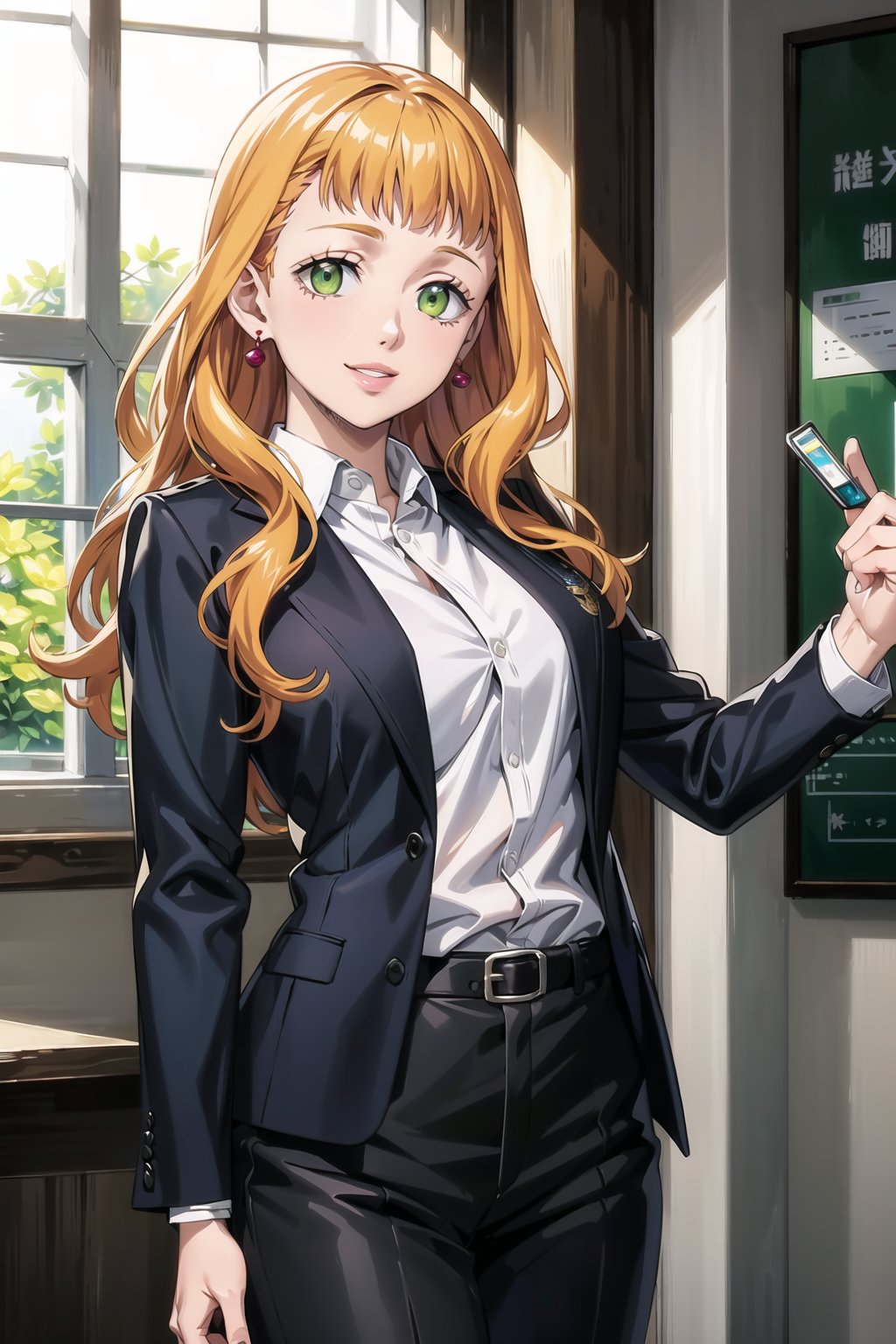 (best quality),  (highly detailed),  masterpiece,  (official art),  mimosa vermillion,  orange hair,  green eyes,  red earrings,  lips,  smile,  black jacket, (black suit),  open suit,  long sleeves,  shirt tucked in, looking at viewer,  shirt,  white shirt,  medium breasts, window,  formal,  office lady, pants,  black pants,  black belt,  business suit,  suit,  (intricately detailed,  hyperdetailed),  blurry background, depth of field,  best quality,  masterpiece,  intricate details,  tonemapping,  sharp focus,  hyper detailed,  trending on Artstation, 1 girl,  solo, high res, official art, <lora:EMS-1495-EMS:0.300000>, , <lora:EMS-41017-EMS:0.600000>