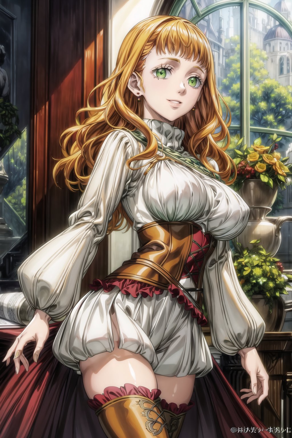 ((best quality)), ((highly detailed)), masterpiece, ((official art)),mimosa vermillion,orange hair, (green eyes, glowing green eyes),(floating hair), turtleneck sweater, corset, thighhighs,thigh boots, earrings, smile, looking at viewer, window, light smile, scenery, intricately detailed, hyperdetailed, blurry background,depth of field, best quality, masterpiece, intricate details, tonemapping, sharp focus, hyper detailed, trending on Artstation,1 girl, high res, official art