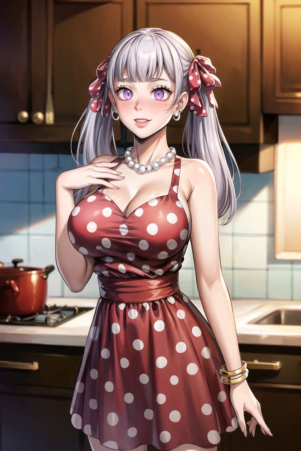 (best quality), (highly detailed), masterpiece, (official art),(NoellePost, hair ribbon, purple eyes silver hair, twintails),(Stepford),lips, makeup, lipstick,red lips,smile, (hand on own chest),(polka dot:1.4), (polka dot dress:1.4),(pearl necklace:1.2), pearl bracelet, bare shoulders,(red dress:1.2),(aroused), nose blush ,standing, kitchen, pinup, big breasts, (large pearl necklace), (hoop earrings:1.2), (intricately detailed, hyperdetailed), blurry background,depth of field, best quality, masterpiece, intricate details, tonemapping, sharp focus, hyper detailed, trending on Artstation,1 girl, high res,facing viewer, official art