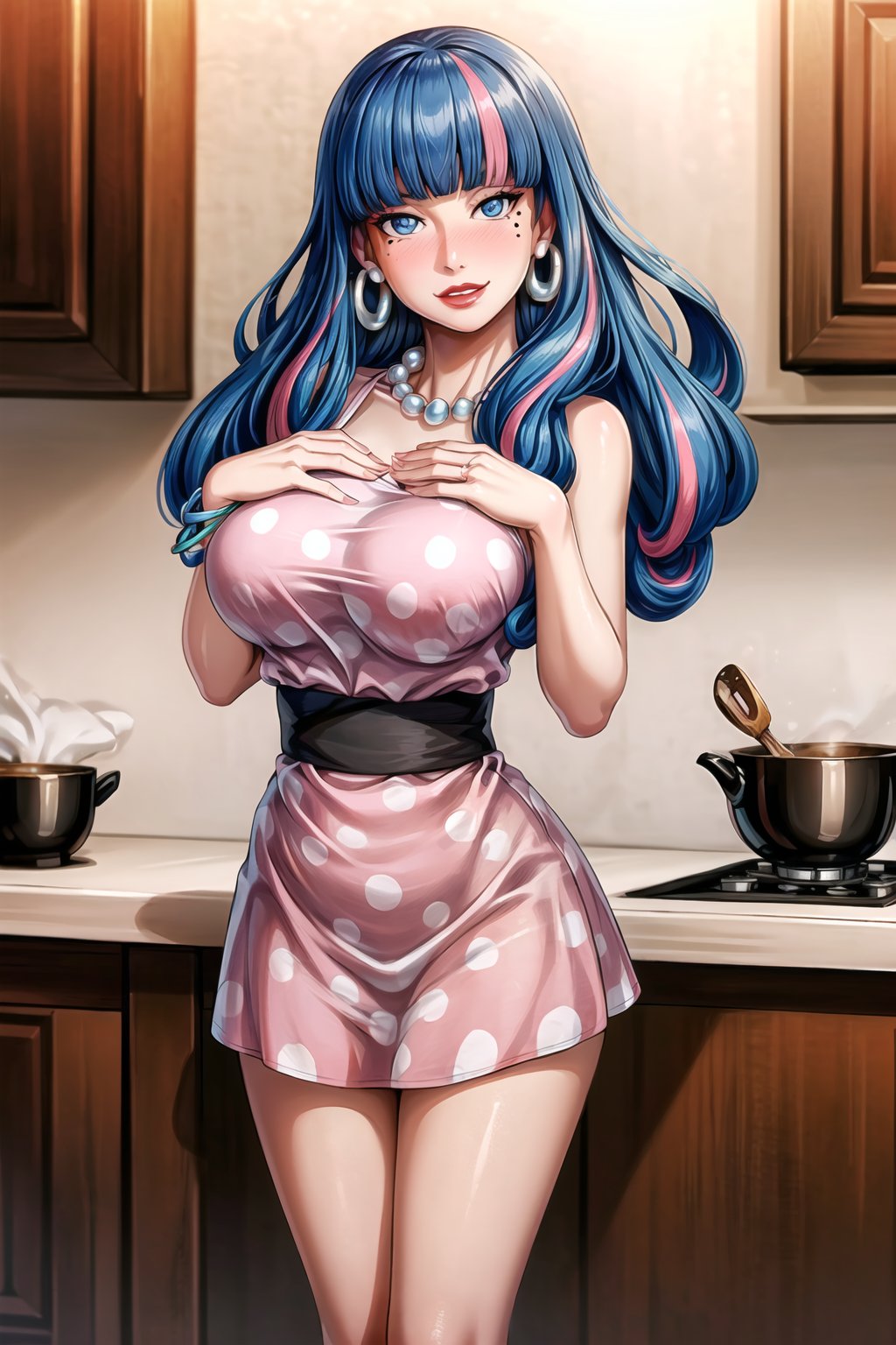 (best quality), (highly detailed), masterpiece, (official art),((eida), blue eyes, blue hair, (pink hair, multicolored hair:1.2),mole under eye),(Stepford),lips, makeup, lipstick,red lips,smile, (hand on own chest),(polka dot:1.4), (polka dot dress:1.4),(pearl necklace:1.2), pearl bracelet, bare shoulders,(red dress:1.2),(aroused), nose blush ,standing, kitchen, pinup, big breasts, (large pearl necklace), (hoop earrings:1.2), (intricately detailed, hyperdetailed), blurry background,depth of field, best quality, masterpiece, intricate details, tonemapping, sharp focus, hyper detailed, trending on Artstation,1 girl, high res,facing viewer, official art