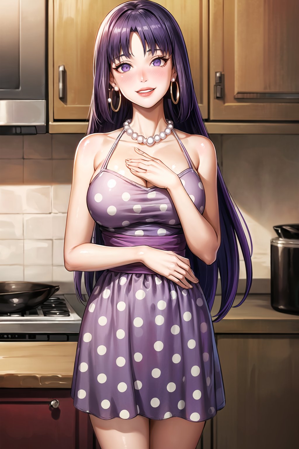 (best quality), (highly detailed), masterpiece, (official art),(sumire kakei,long hair:1.2),(purple hair),(Stepford),lips, makeup, lipstick,red lips,smile, (hand on own chest),(polka dot:1.4), (polka dot dress:1.4),(pearl necklace:1.2), pearl bracelet, bare shoulders,(red dress),(aroused), nose blush ,standing, kitchen, pinup, big breasts, (large pearl necklace), (hoop earrings:1.2), (intricately detailed, hyperdetailed), blurry background,depth of field, best quality, masterpiece, intricate details, tonemapping, sharp focus, hyper detailed, trending on Artstation,1 girl, high res,facing viewer, official art