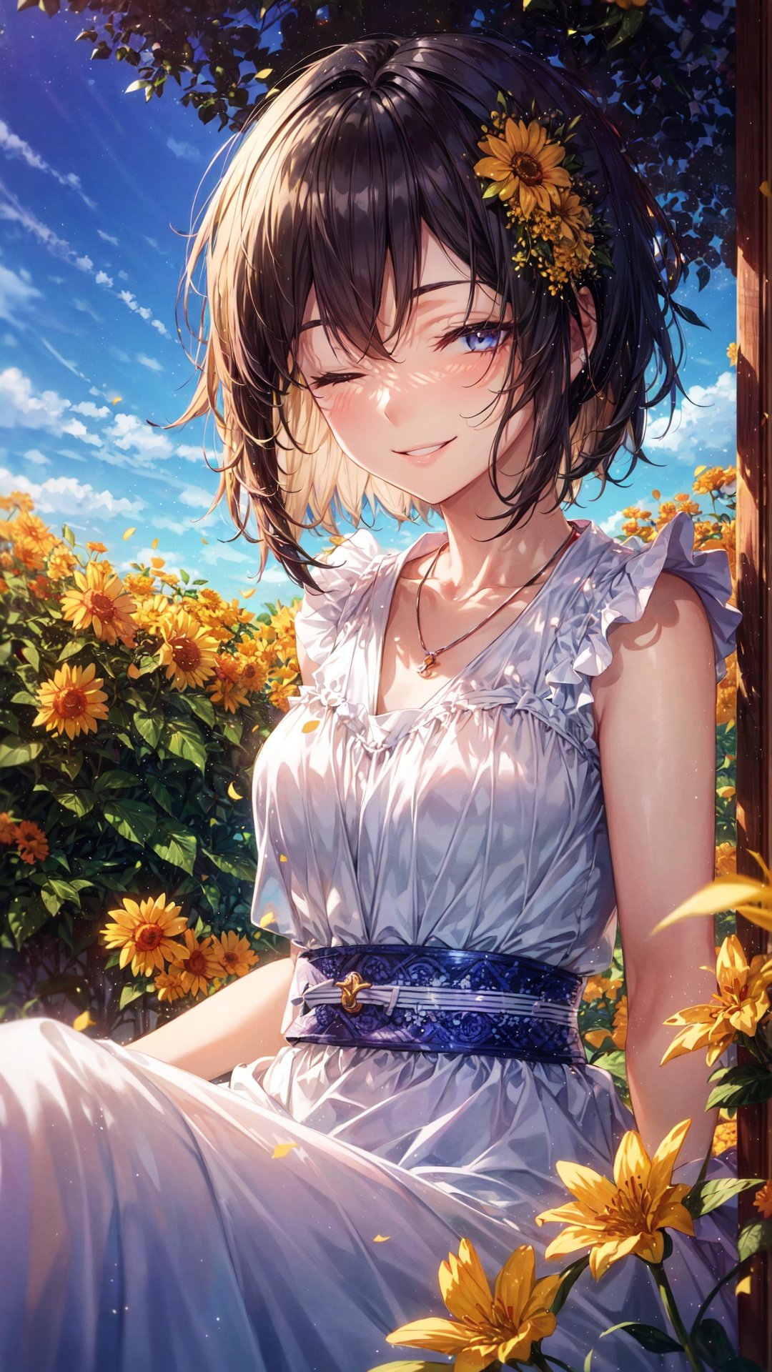 (long_hime_cut_hairstyle:1.3), (short hair: 1.5), 1girl, solo, (Smiling with eye closed:1.4), yellow flower, white dress, sky, short hair, outdoors, day, sitting, necklace, blue sky, jewelry, parted lips, sleeveless, high-res, ((Hasselblad photography)), finely detailed skin, sharp focus, night, blurry, blurry foreground, (cinematic lighting), soft lighting, masterpiece, best quality [:(detailed face:1.2):0.2]