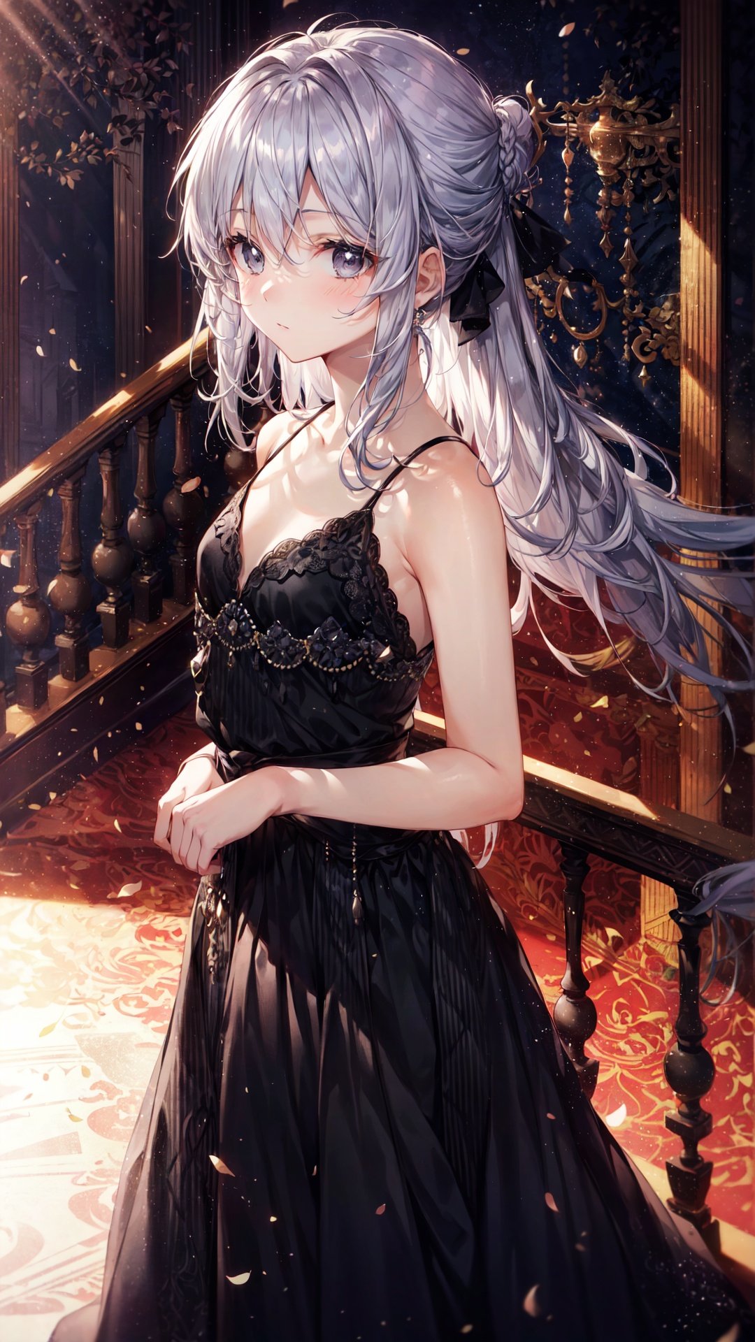 best quality, masterpiece,,(solo),(close up),,a little girl,10 years old,bright silvery hair,(long hair),gray eyes,floating hair,,night gown,(black gown:1.4),bare shoulders, updo,,in palace,hall,stair railing,