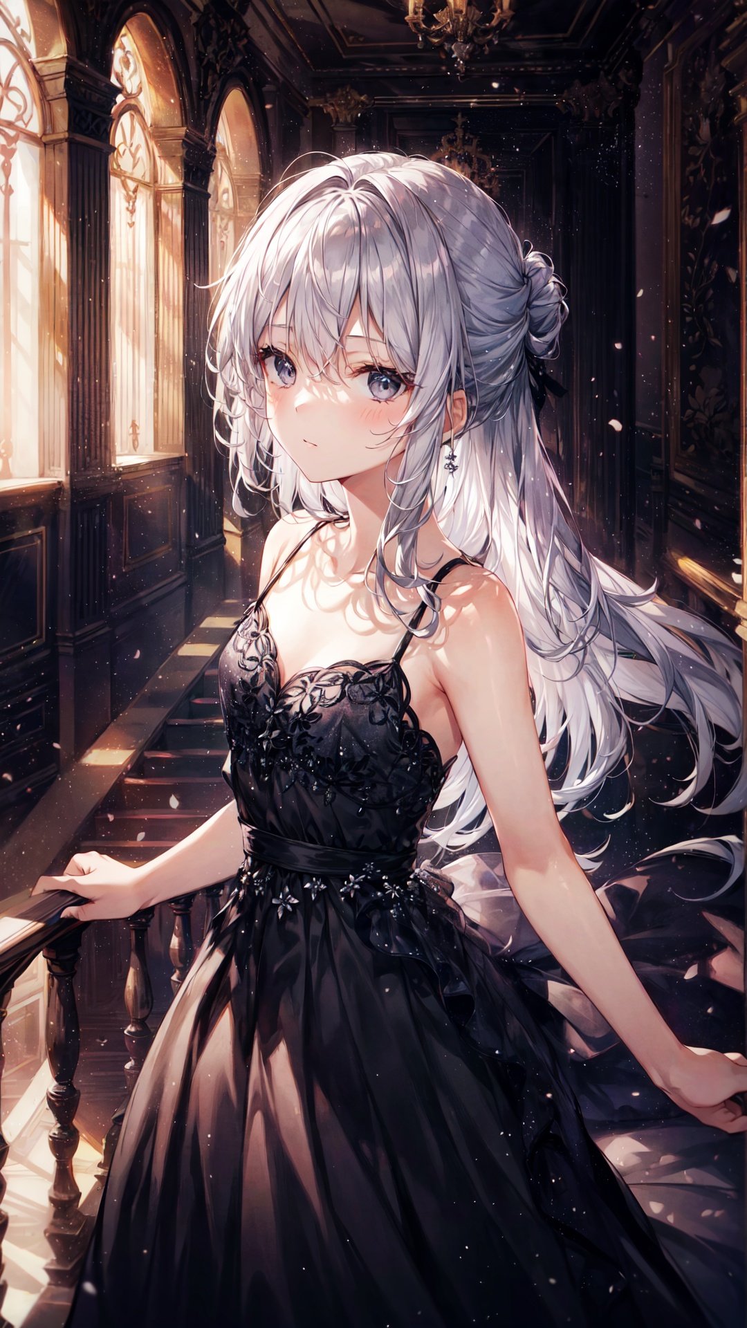 best quality, masterpiece,,(solo),(close up),,a little girl,10 years old,bright silvery hair,(long hair),gray eyes,floating hair,,night gown,(black gown:1.4),bare shoulders, updo,,in palace,hall,stair railing,