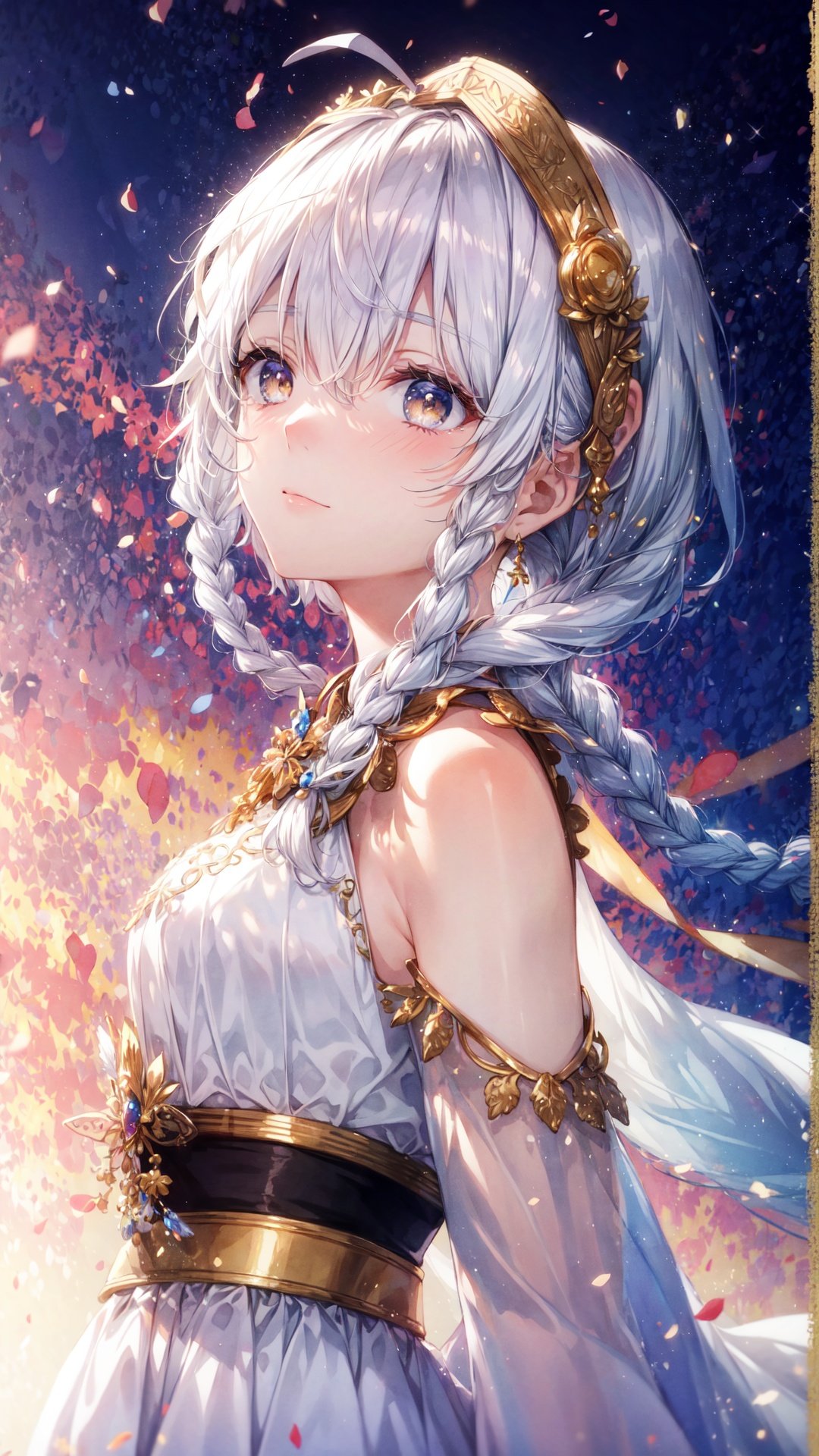 best quality, masterpiece,white hair, gold eyes,white clothes, looking up, upper body,hair strand,Fair skin,side braids,watercolor,FASHI-GIRL