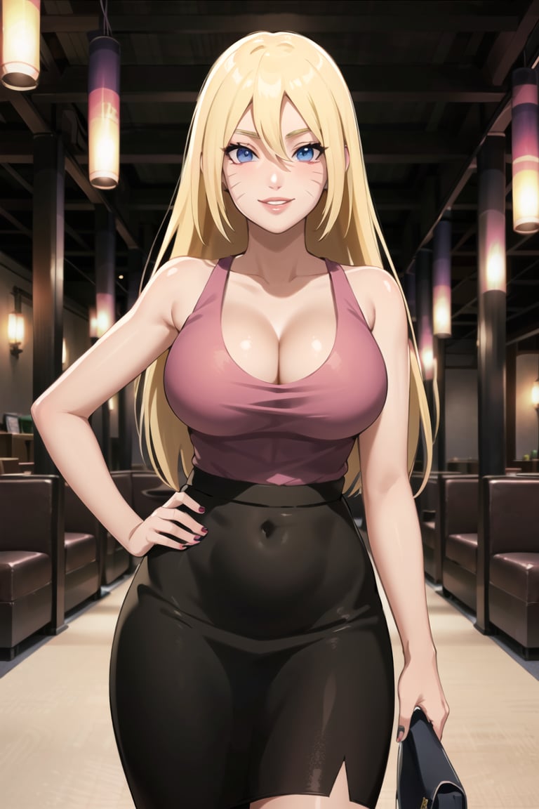 beautiful (boruko,facial mark:1.2), (lips), hand on hip, black skirt, v, nail polish, bare shoulders, pencil skirt, tank top, pink shirt, cleavage, collarbone, sleeveless, looking at viewer, smile, indoors, club,  scenery, (volumetric lighting), best quality, masterpiece, intricate details, tonemapping, sharp focus, hyper detailed, trending on Artstation,