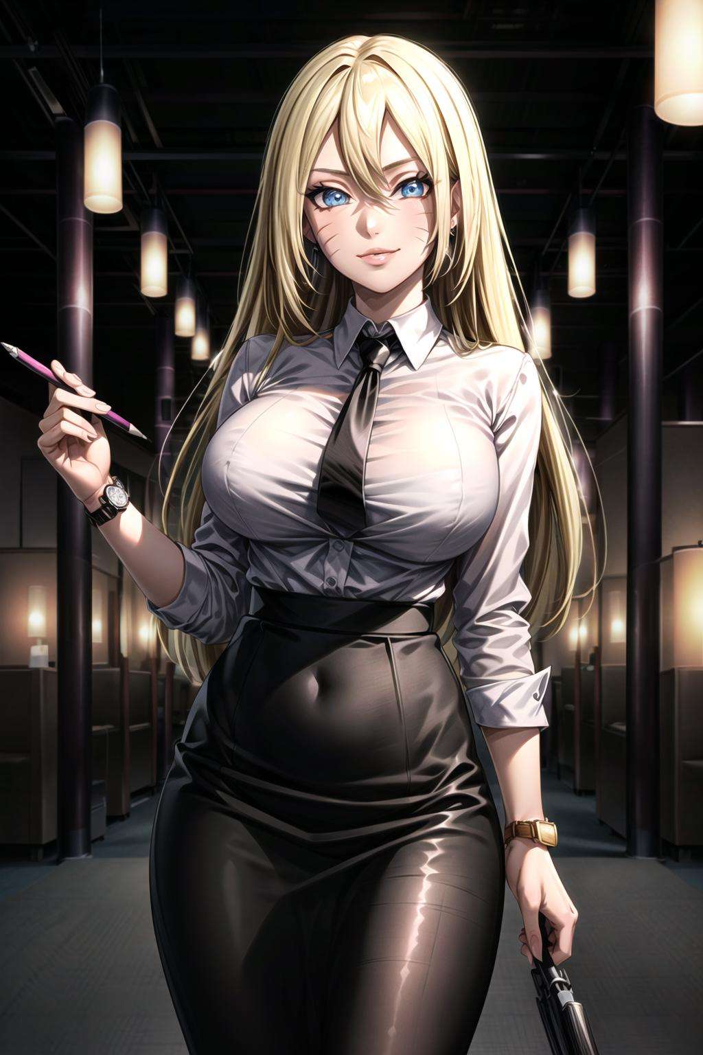 ((best quality)), ((highly detailed)), masterpiece, ((official art)),(boruko,facial mark:1.2),(office),( blue eyes, glowing blue eyes),(floating hair),(high-waist skirt:1.2),(black skirt:1.2),(black necktie:1.1),(seductive smile),(closed mouth),(lips:1.2),jewelry, wristwatch, skirt, solo, (cowboy shot:1.2),standing, pencil skirt,  belt, (earrings:1.1), collared shirt, ,office lady,(formal:1.1), shirt tucked in, (skirt suit),black pantyhose, dress shirt, intricately detailed, hyperdetailed, blurry background,depth of field, best quality, masterpiece, intricate details, tonemapping, sharp focus, hyper detailed, trending on Artstation,1 girl, high res, official art