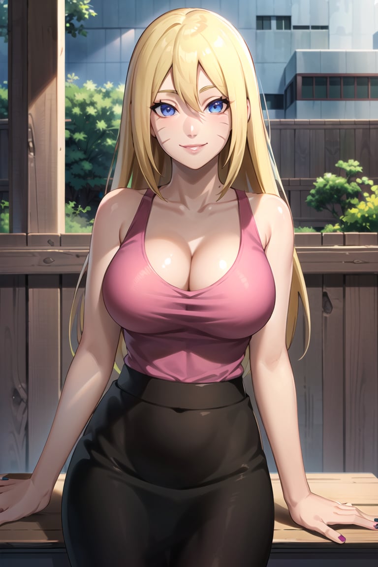 beautiful (boruko,facial mark:1.2), black skirt, v, nail polish, bare shoulders, pencil skirt, tank top, pink shirt, cleavage, collarbone, sleeveless, smile, looking at viewer, window,  light smile, scenery, (volumetric lighting), best quality, masterpiece, intricate details, tonemapping, sharp focus, hyper detailed, trending on Artstation,