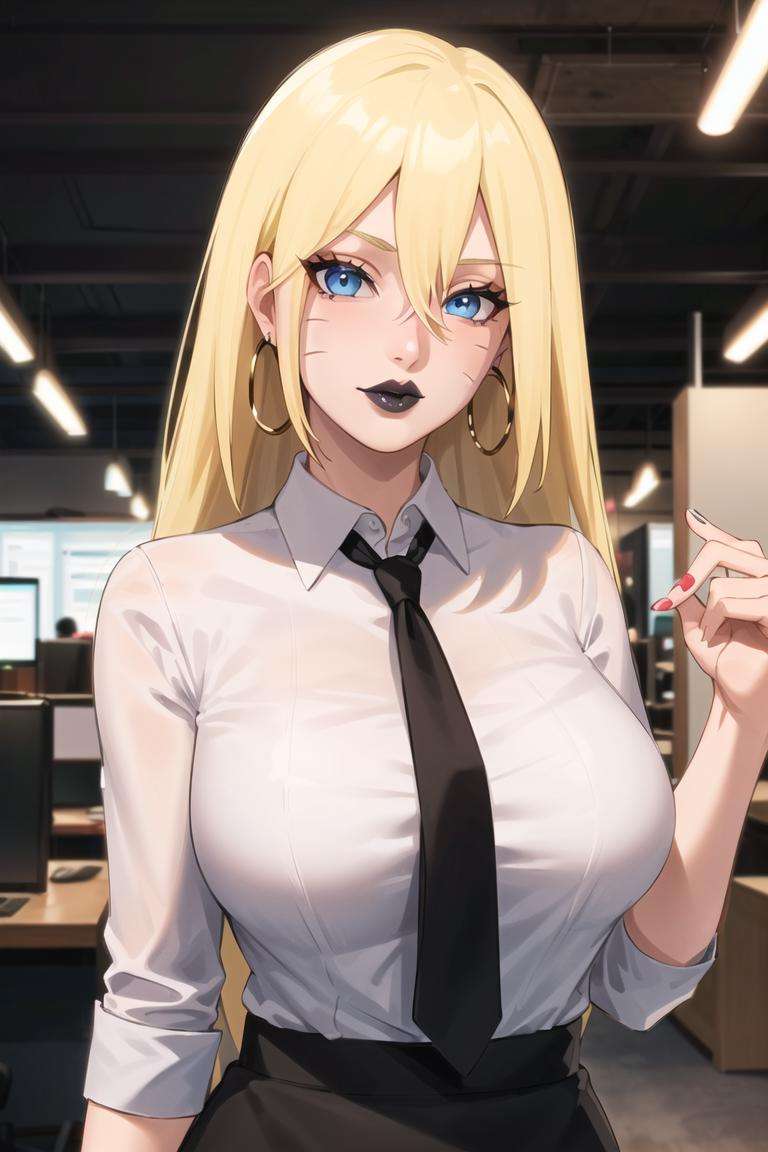 1girl, upper body, beautiful ,(boruko:1.2,facial mark:1.2), (blonde hair:1.1), (lipstick, black lips:1.1) ,blue eyes, indoor,hoop Earrings, office lady, black suit, business clothes, black necktie, lips, volumetric lighting, best quality, masterpiece, intricate details, tonemapping, sharp focus, hyper detailed, trending on Artstation