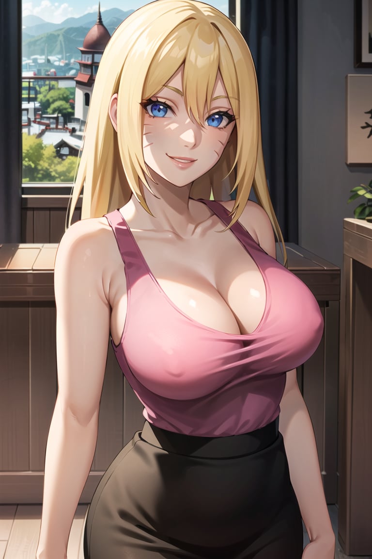 beautiful (boruko,facial mark:1.2), black skirt, v, nail polish, bare shoulders, pencil skirt, tank top, pink shirt, cleavage, collarbone, sleeveless, smile, looking at viewer, window,  light smile, scenery, (volumetric lighting), best quality, masterpiece, intricate details, tonemapping, sharp focus, hyper detailed, trending on Artstation,