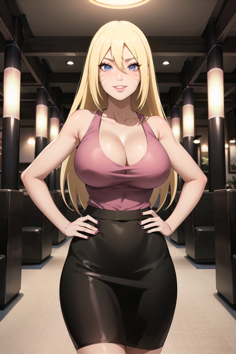 beautiful (boruko,facial mark:1.2), (lips), hand on hip, black skirt, v, nail polish, bare shoulders, pencil skirt, tank top, pink shirt, cleavage, collarbone, sleeveless, looking at viewer, smile, indoors, club,  scenery, (volumetric lighting), best quality, masterpiece, intricate details, tonemapping, sharp focus, hyper detailed, trending on Artstation,