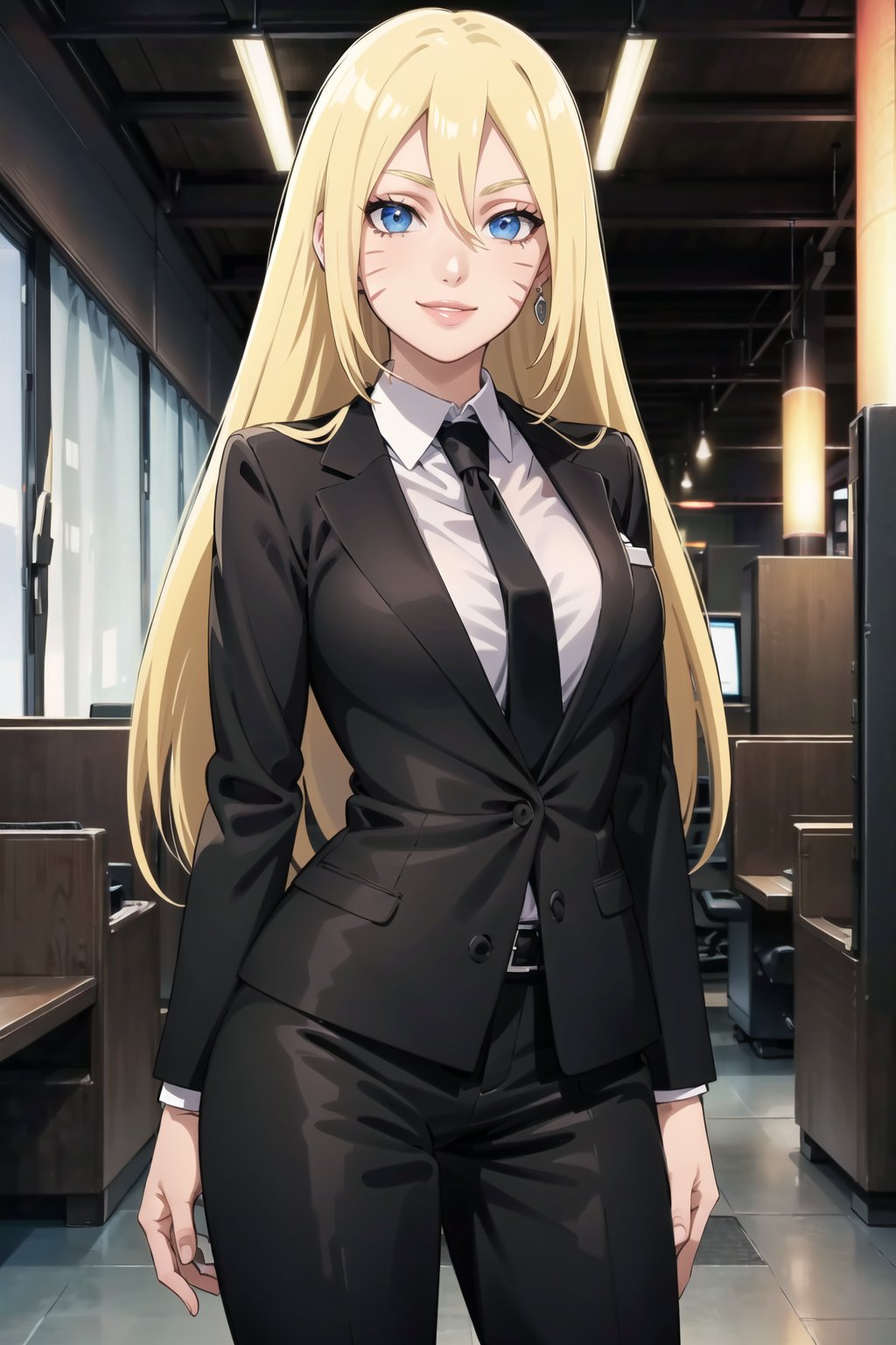 (best quality), (highly detailed), masterpiece, (official art),  boruko, facial mark, blonde hair, long hair, earring, lips, smile, necktie,pose,  black jacket,(black suit), open suit,  open jacket,long sleeves, shirt tucked in,looking at viewer, shirt, black necktie, white shirt, medium breasts,window, formal, office lady,pants, black pants, black belt, business suit, suit,  (intricately detailed, hyperdetailed), blurry background,depth of field, best quality, masterpiece, intricate details, tonemapping, sharp focus, hyper detailed, trending on Artstation,1 girl, solo,high res,official art